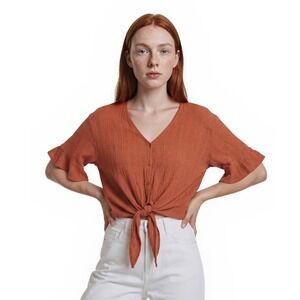 LUQ Top Women's Size Medium Rust Orange Cotton Gauze Tie Front Boho Blouse